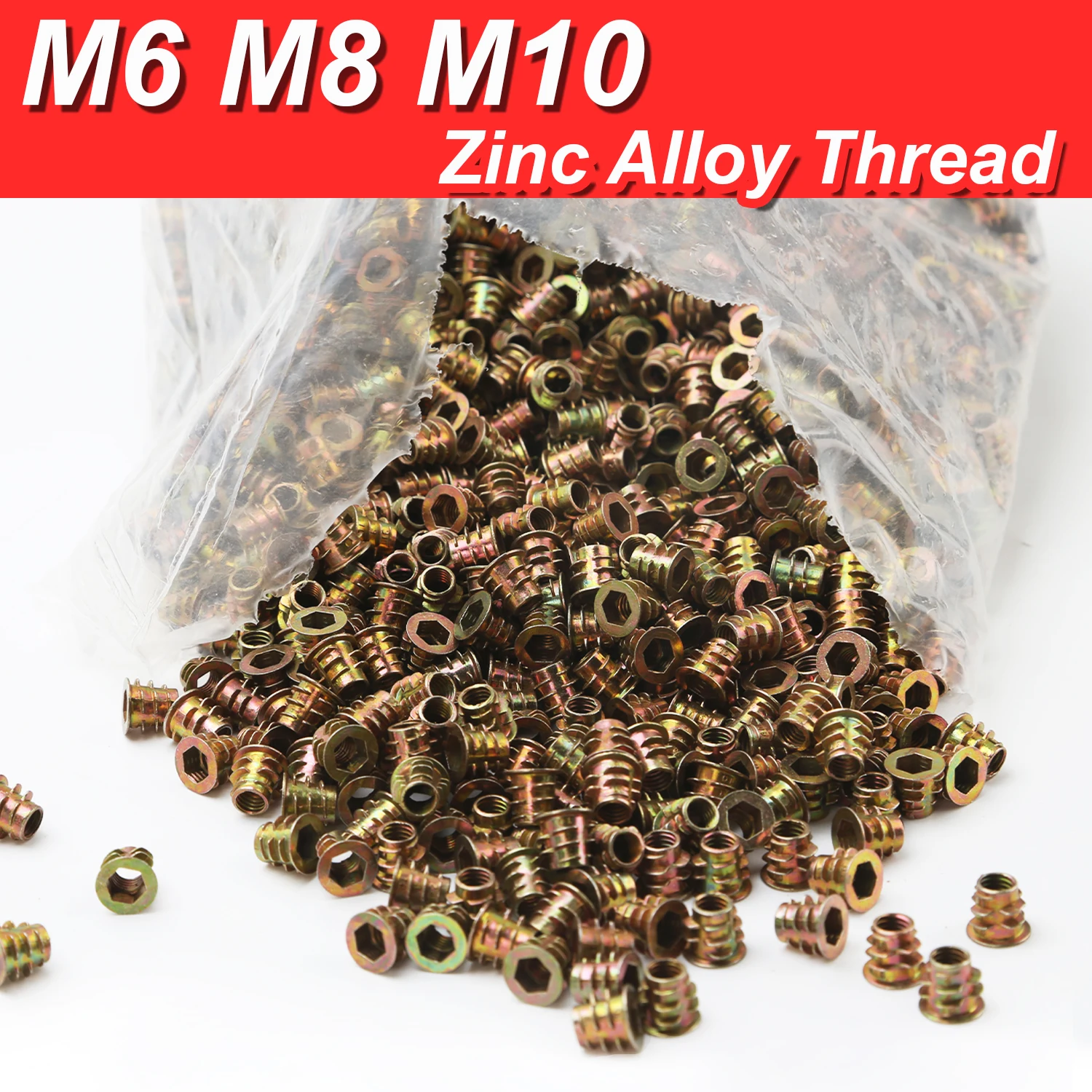 Image of 20/40/60 Stück M6 M8 M10 Holzeinsatzmuttern aus Zinklegierung, Flansch-Sechskant-Antriebskopf, Möbelschrauben für Tischlerei, 8 mm–25 mm Länge
