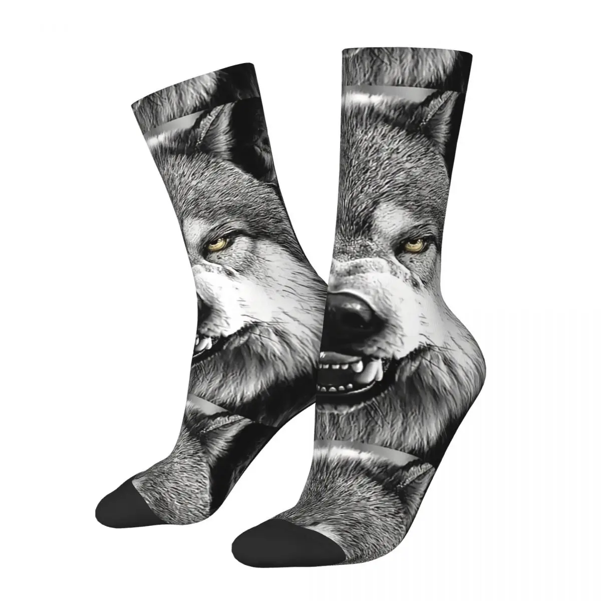 Funny Crazy Sock for Men The Grey Wolf Hip Hop Harajuku Dog Happy Breathable Pattern Printed Boys Crew Sock Seamless Gift