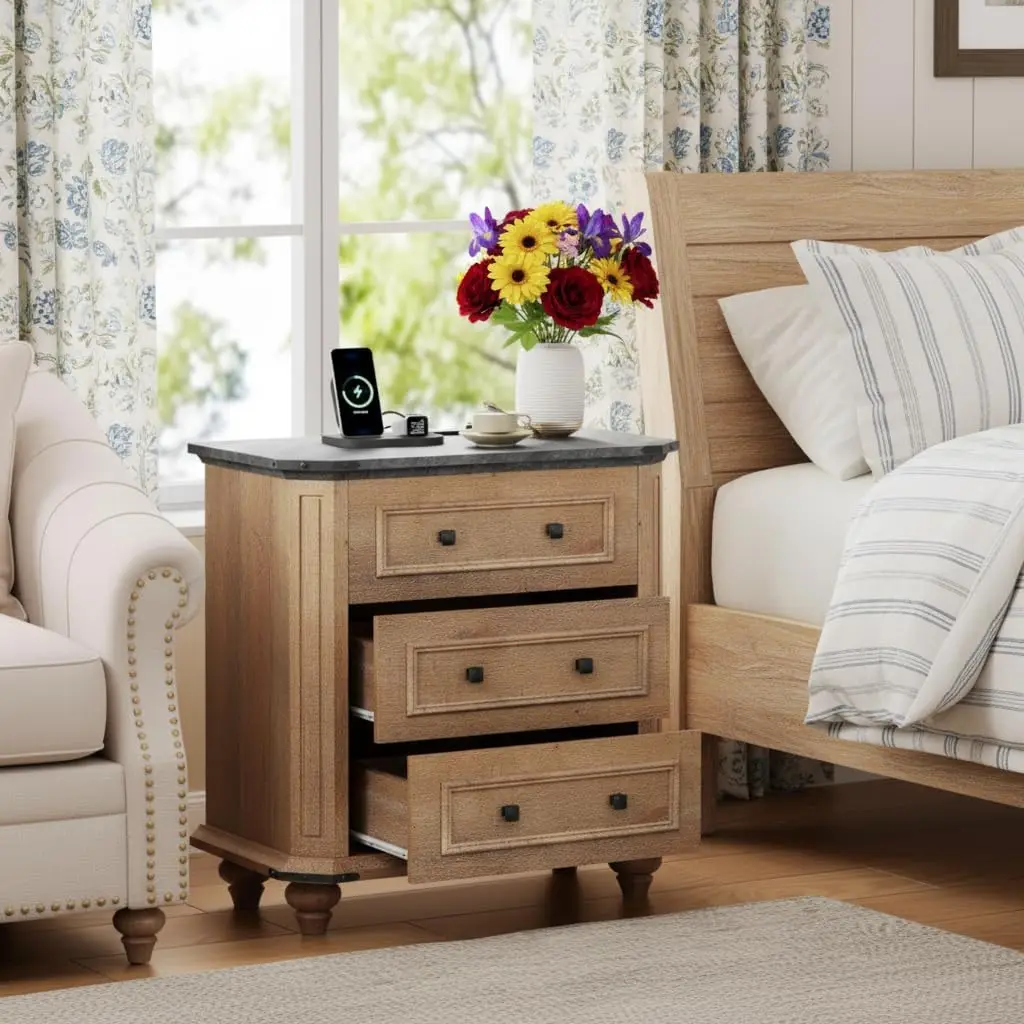 

29" Wide Nightstand with Charging Station, 3 Drawers Farmhouse Bedside Table, Wood End Table for Bedroom, Rustic Storage, Brown