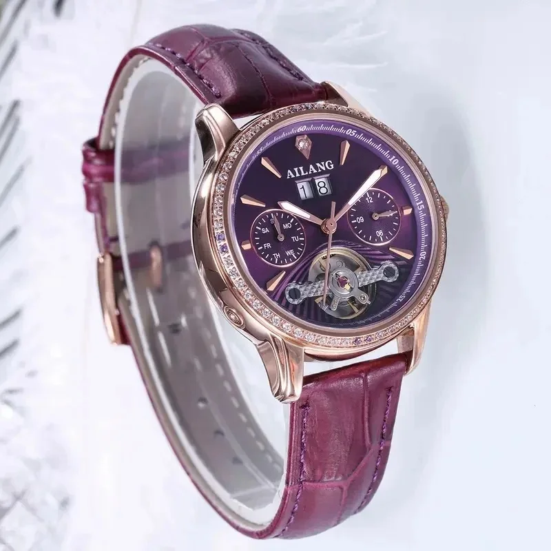 AILANG-8302 Luxury Ladies Skeleton Automatic Watch Rose Gold Case Purple Dial Wine Red Leather Band Waterproof Women Clock