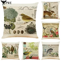 Retro Flower and Bird Design Linen Pillowcase Car Seat Cushion Cover Decorative Living Room Sofa 45*45cm