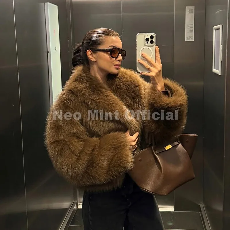 Neo Mint Winter 2025 Trendy Brown Obsession Cropped Shawl Collar Faux Fur Coat Women Jacket Chic Girls Brand Fox Fur Outerwear