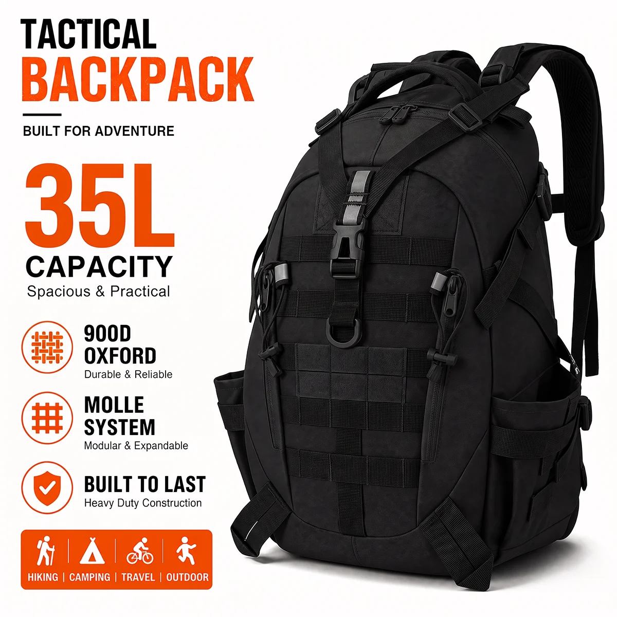 35L Taktischer Rucksack für Männer mit Reflektorstreifen, Modulares MOLLE-Ladesystem, für Klettern, Camping, Wandern, Trekking, Fitness, Reisen, Outdoor, Jagd, Ausrüstungstasche