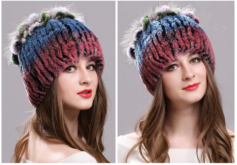 Strickmütze für Damen, 100 % echte Rex-Kaninchenfellmütze mit Blumen, Oberteile, warme, hochwertige Beanie-Damenmütze aus echtem Pelz für den Winter – Detail 14