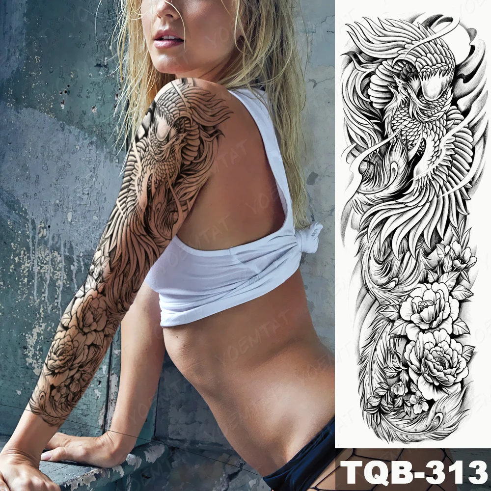 Large Full Arm Sleeves Phoenix Peony Crane Waterproof Temporary Tattoo Sticker Chinese Style Fake Tatoo Men Women Body Art Color