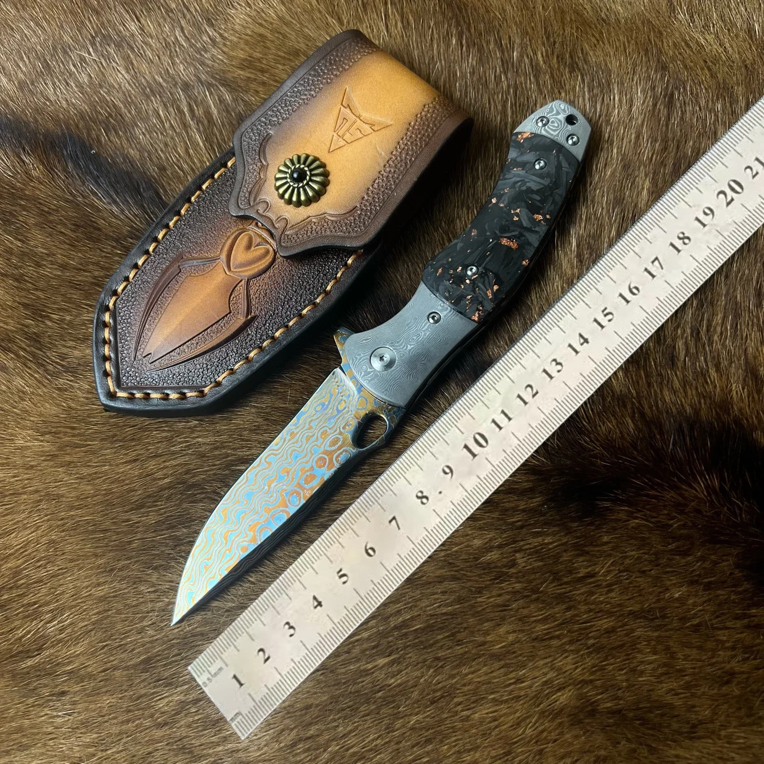 Blue Damascus Steel Folding Knife Outdoor High Hardness Portable