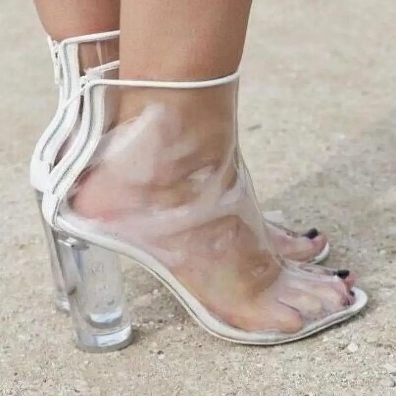 

Spring Autumn Women Ankle Boots New Peeptoe Crystal Heel Transparent Women Boots Trend Clear Pvc High Heel Shoes Gladiator Boot