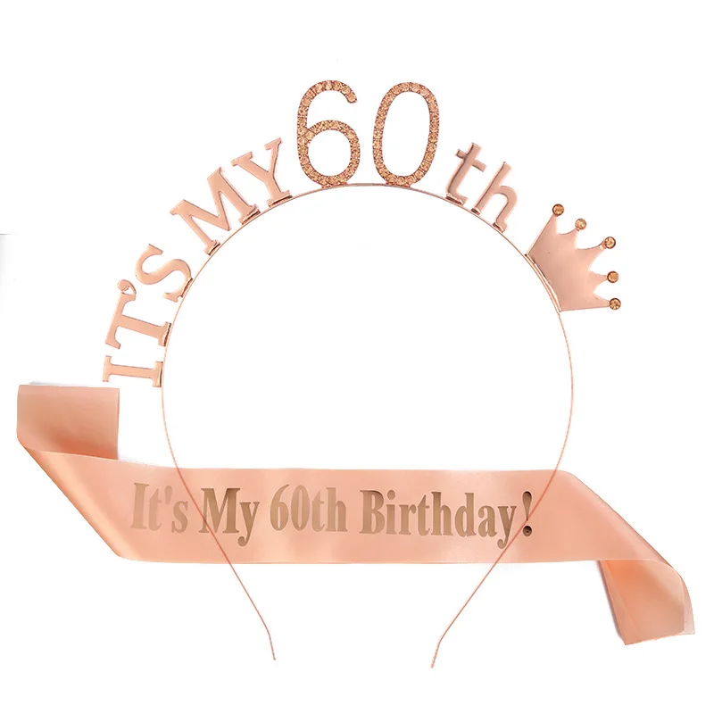 

It's My 60th Birthday Sashes Tiara for Women Rose Gold Satin Sash Shoulder Strap+Crown Headband Girls Anniversary Party Supplies