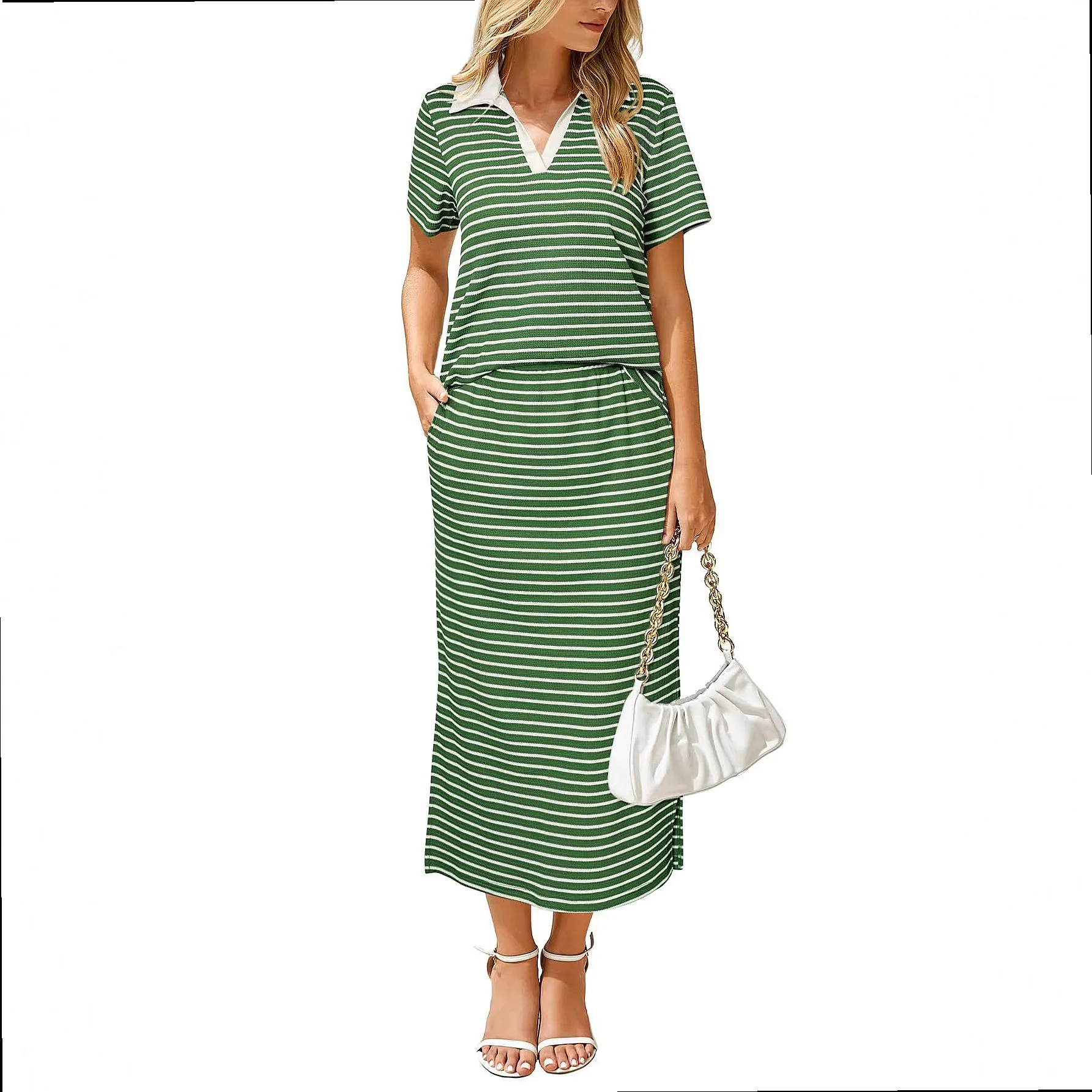 Summer Spring Women Casual T Shirt Blouse Top Side Slit Skirt 2 Piece Matching Set