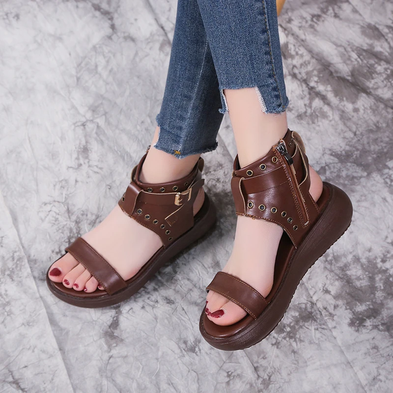 Women Summer Sandals Mid Heels Wedges Shoes Ladies Vintage Leather Plus Size 42 Sandalias Mujer Sapato Feminino Fashion Footwear