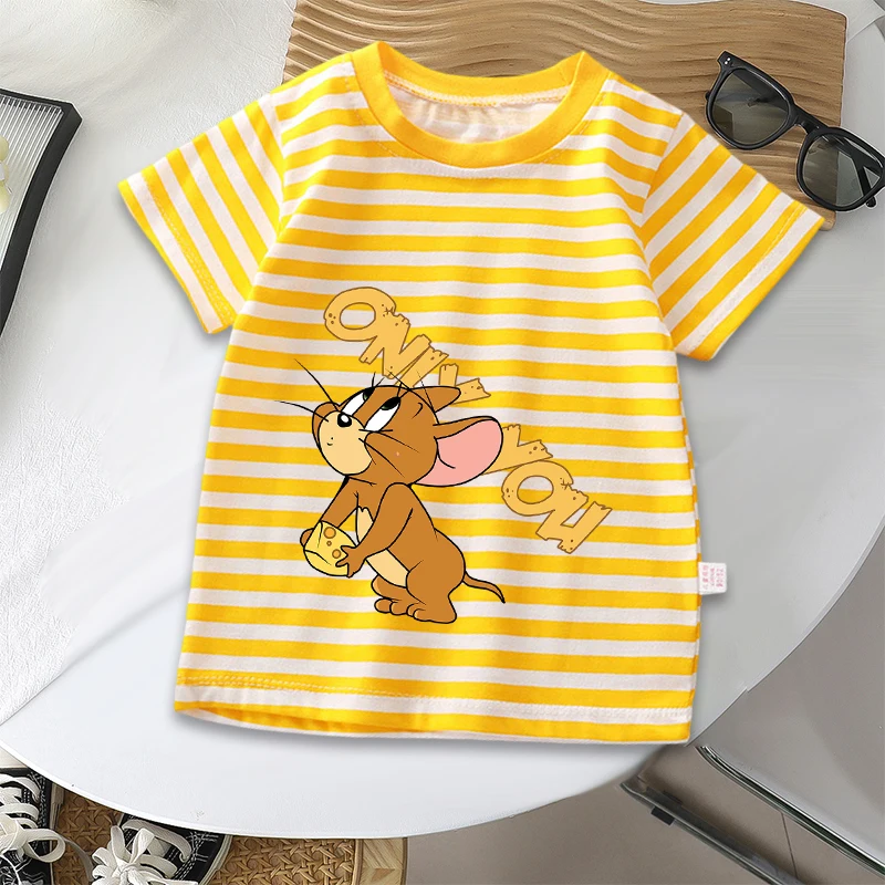 Tom and Jerry Stripe T-shirt Short Sleeve Casual Wear Cute Cartoon Boys Girls Clothes Fashion Printed Tops Birthday Shirts Gifts