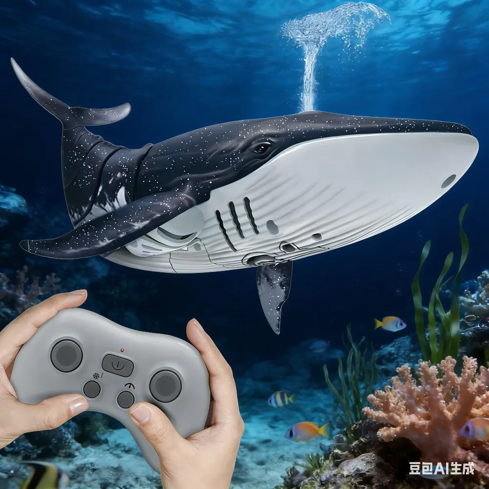 

2.4GHz RC Whale Shark Toy with LED Spray, Waterproof Electric Swimming Fish, Rechargeable Pool Bath Toy for Kids