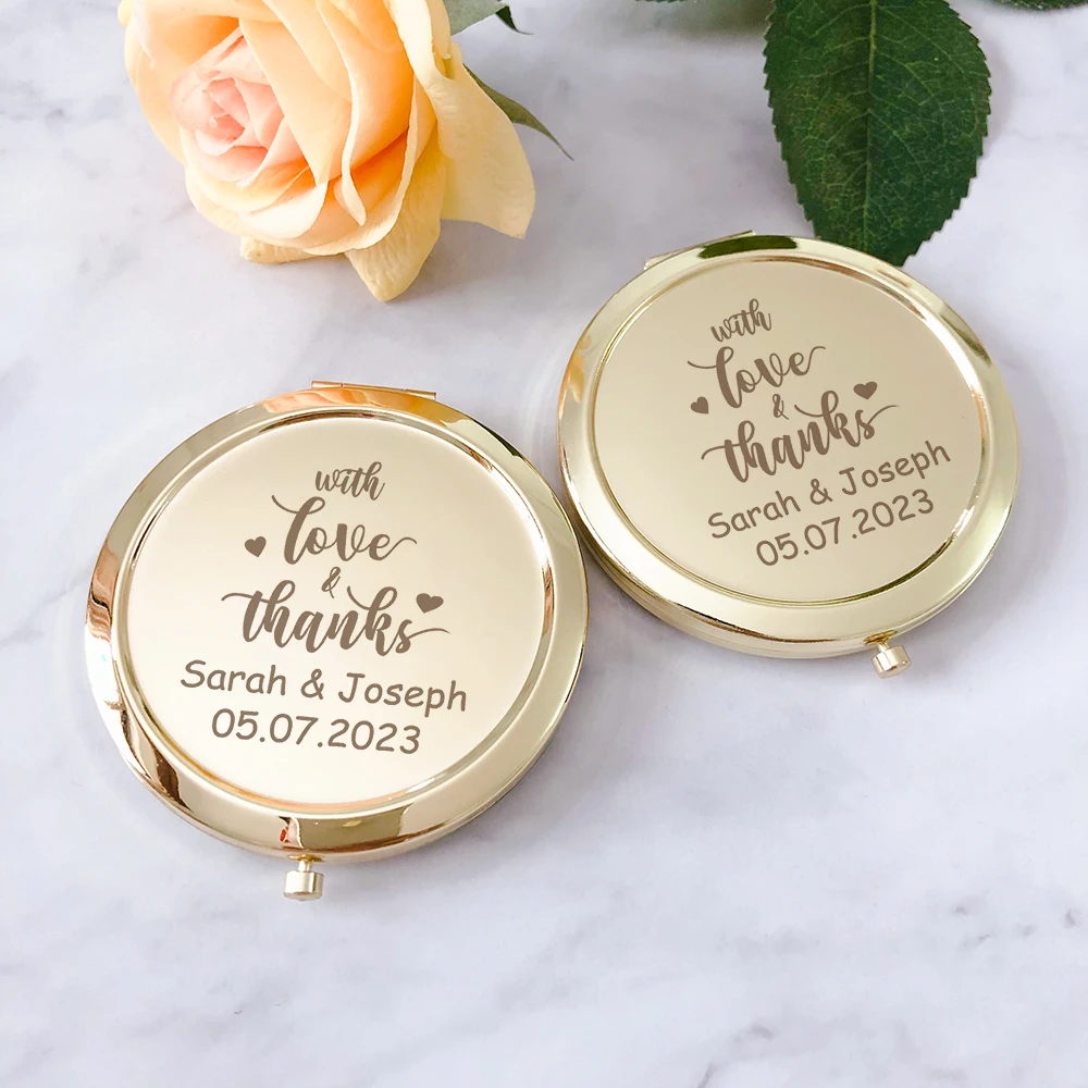 Wedding Souvenirs for Guests Wedding Party Favors Custom Pocket Mirrors Personalized Golden Compact Mirrors Wedding Guest Gifts