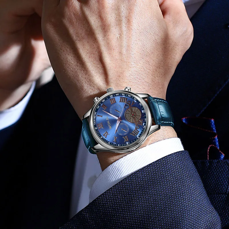 

Модные деловые часы с тремя глазами, римские цифры, циферблат, кожаный ремешок, кварцевые часы для мужчин, наручные часы Relogios Masculino