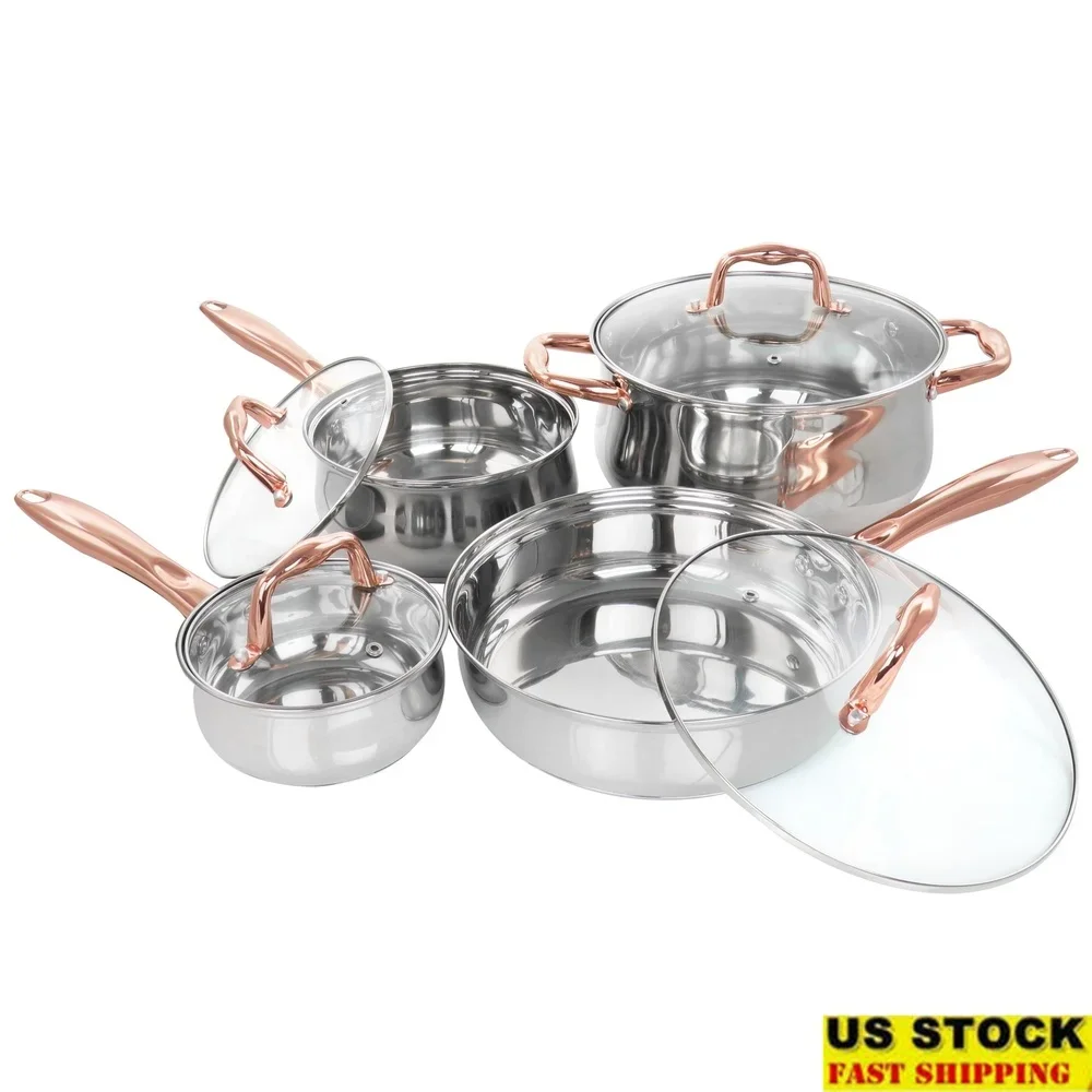 

8 Piece Stainless Steel Cookware Set Chrome Bronze Dishwasher Safe Includes Saucepan Dutch Oven Frypan Kitchen Essential Cooking