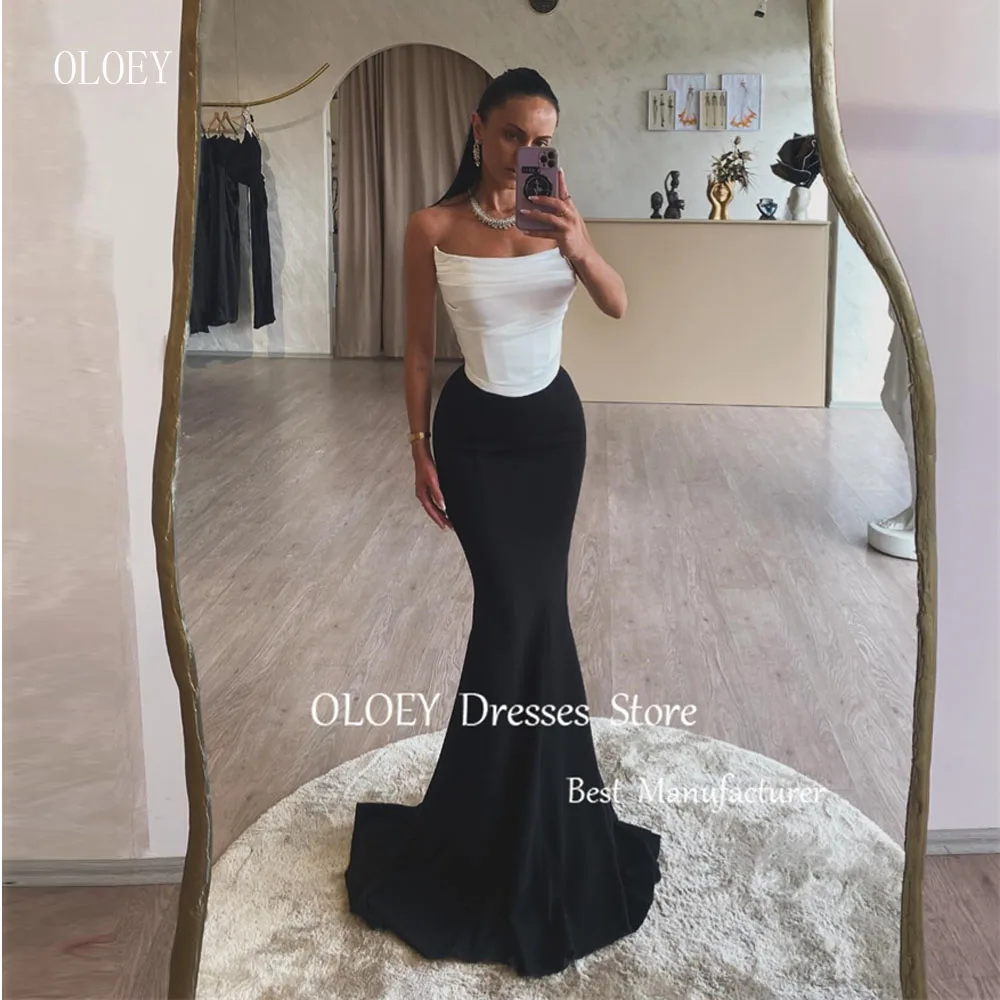 OLOEY Simple Black And White Mermaid Evening Dresses Strapless Floor Length Prom Gowns Formal Party Dress Long vestidos de fiest