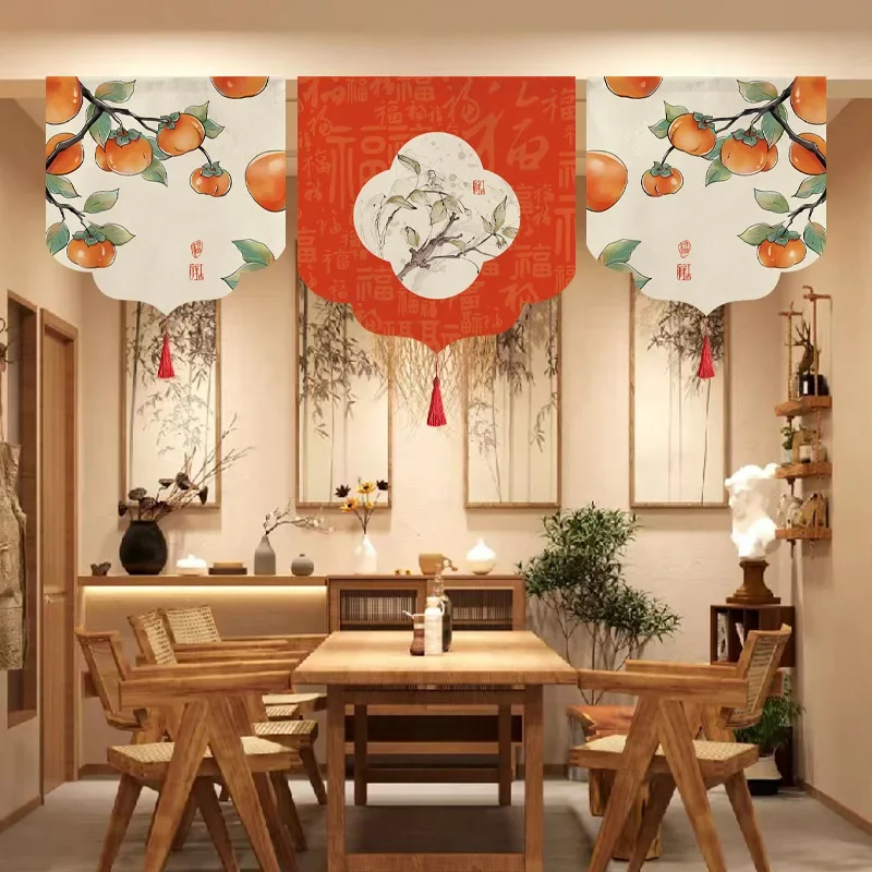 Double Layer Red Tassel Triangle Valance Persimmon Print Half Noren Curtain Kitchen Cafe Window Partition Decor