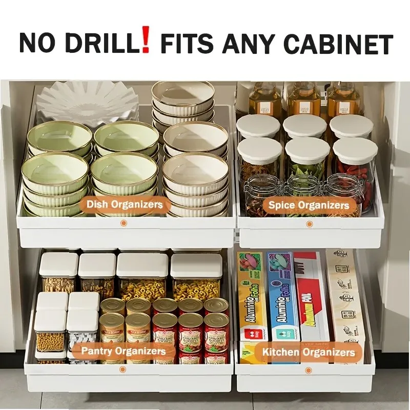 

No-Drill Magic Tray Heavy-duty slide-out organizer for cabinets/sinks. Easy install, huge space saver! Perfect for tiny homes