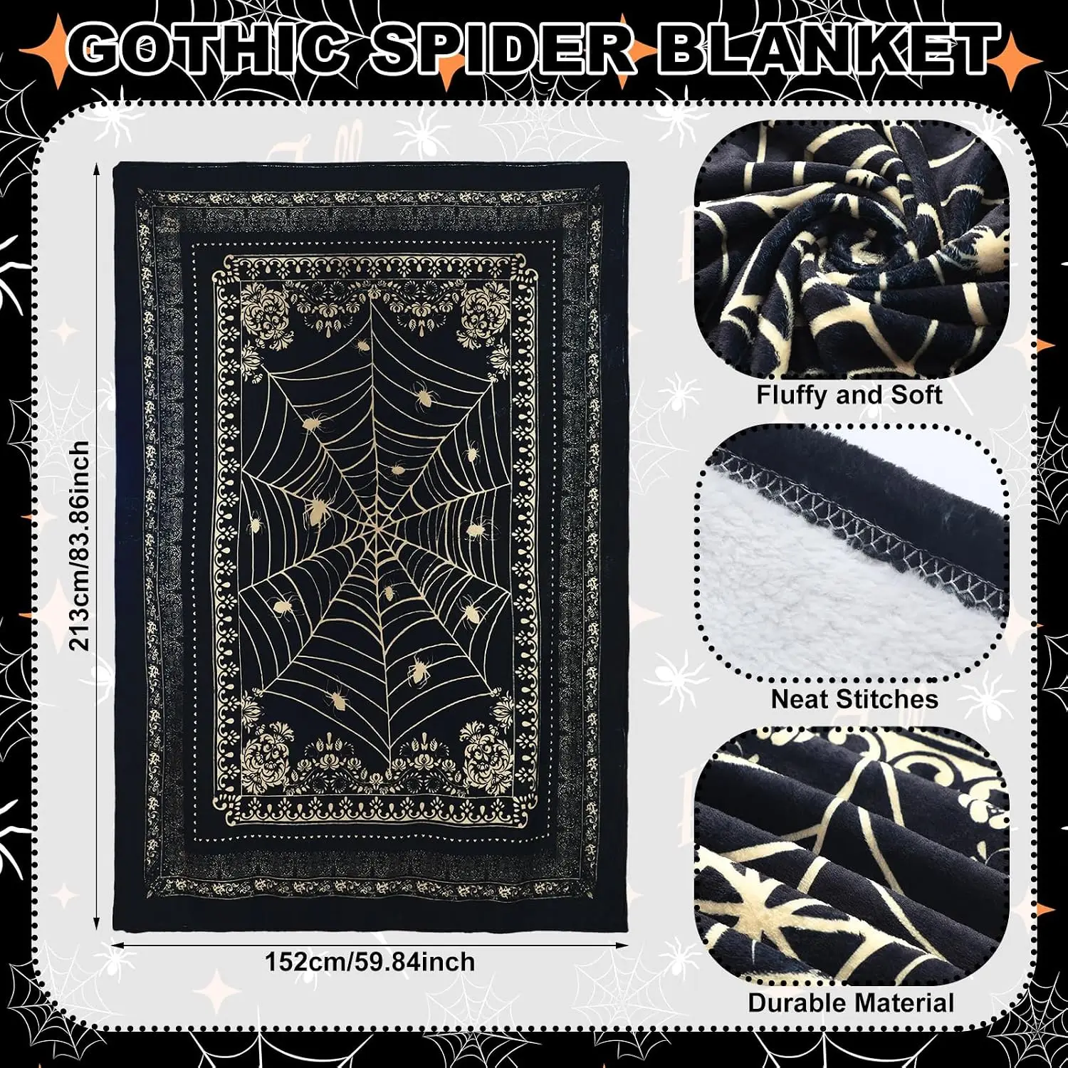 Spider Web Blanket 84'' x 60'' Halloween Gothic Gift for Women Men Whimsigoth Throw Blanket Soft Flannel Victorian Witchy Birthday Gifts for Couch Bed Chair Goth Halloween Room Decor