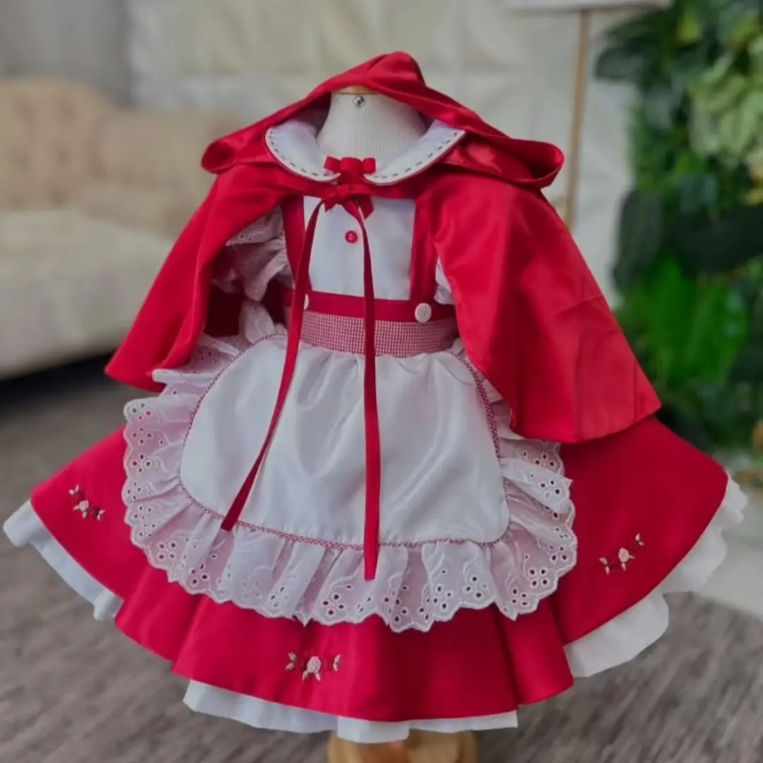 0-12Y Baby Girl Autumn Winter Red White Vintage Princess Dress with Cape for Birthday Photography Holiday Eid Christmas C390