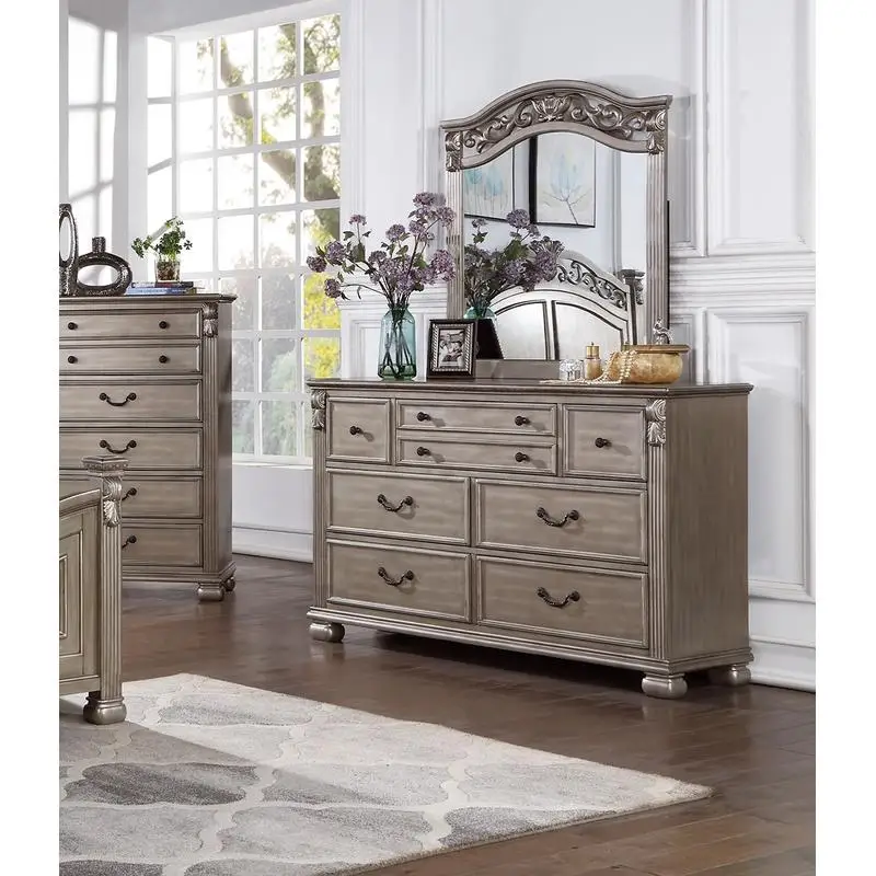 

Antique Silver Wooden Dresser with Mirror - Formal Bedroom Furniture, Round Knobs & Hanging Pulls for Drawers