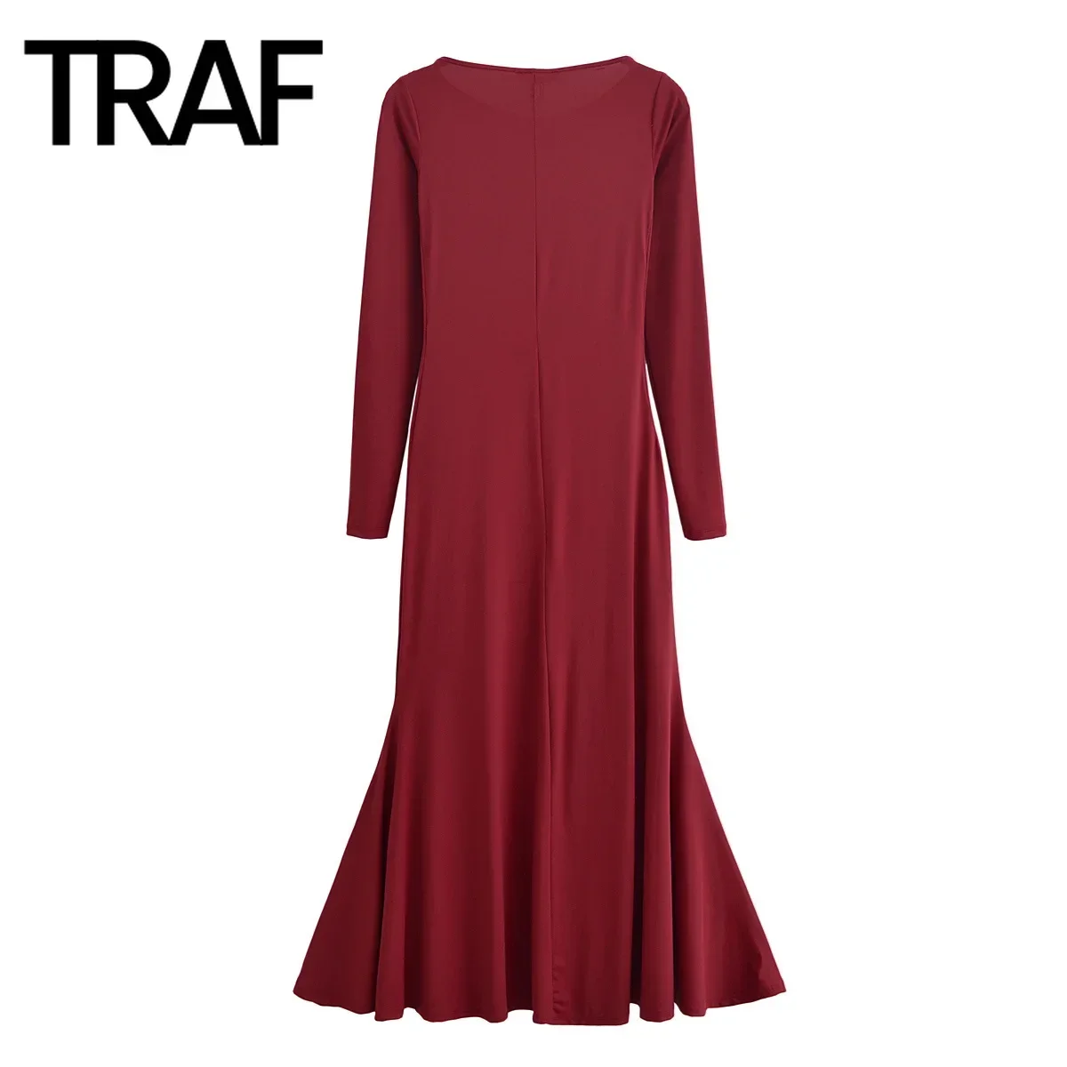 TRAF Dress for Women Fashion Autumn Winter New Wide Swing Long Sleeve Round Neck Vintage Long Dresses France Female Evening