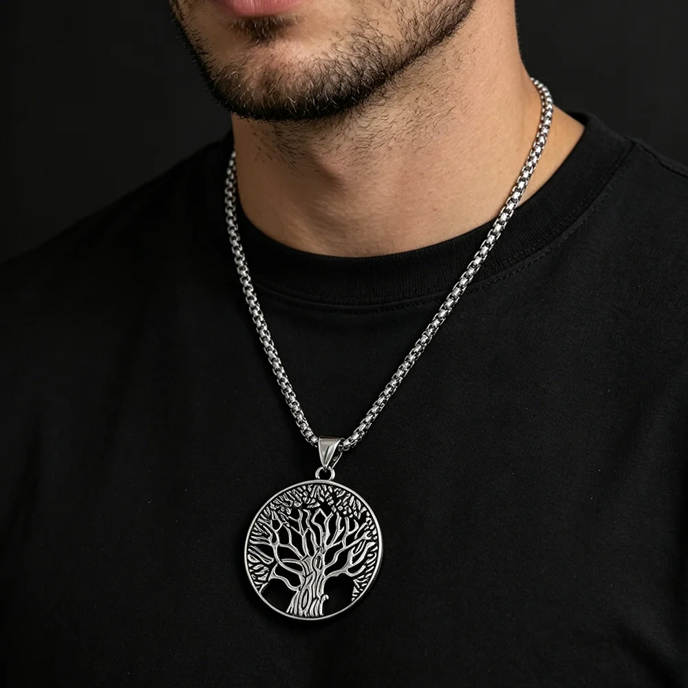 Retro cast hollow tree of life stainless steel necklace, waterproof and non-fading blackening process, bulk sales pendant