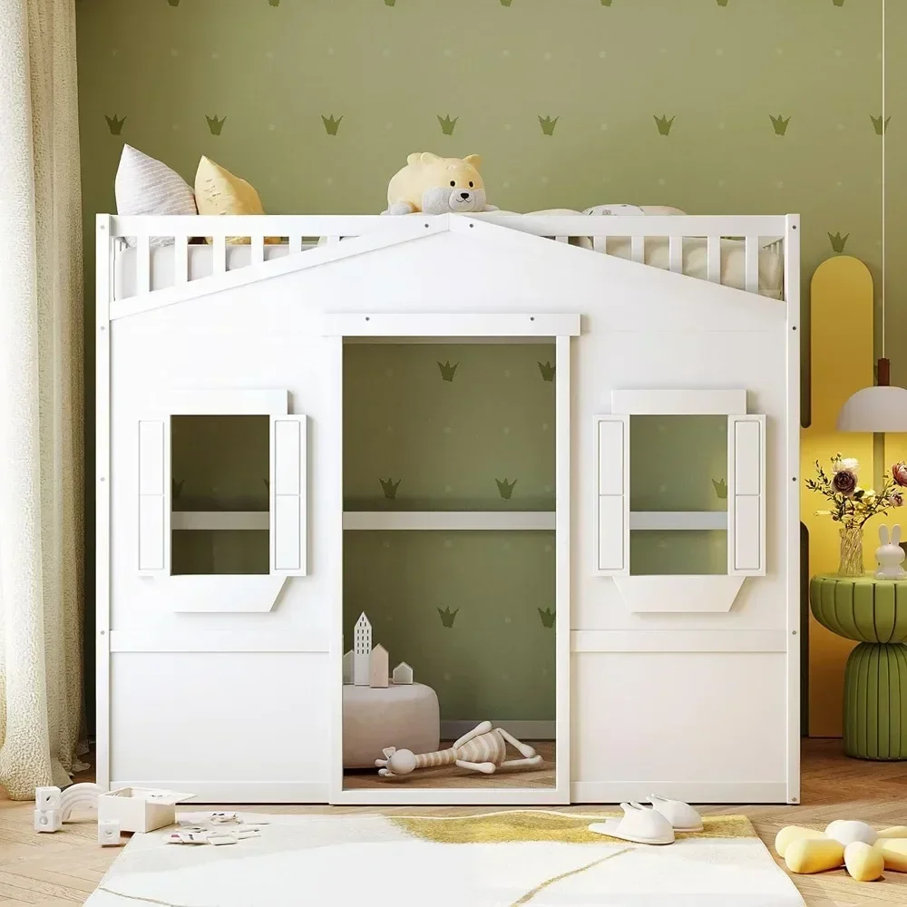 Marcos de cama doble Casa Loft Cama doble para niños Playhouse Cama, Estructura de cama tipo loft de madera maciza con ventana y escalera, para niñas y niños