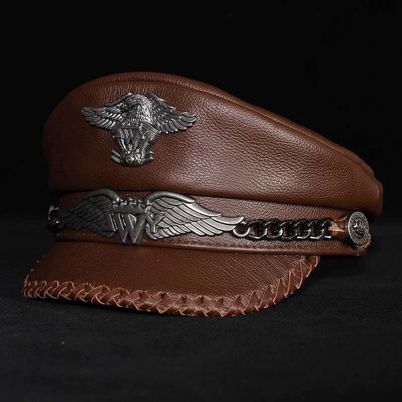 High-Quality German Army Cap Man Genuine Leather Flat Top Hat Korean Fashion Eagle Mark Chain Punk Locomotive Hand Woven