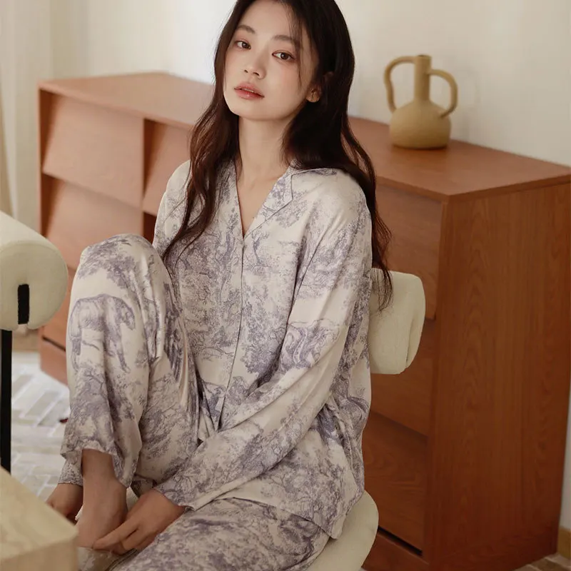 Women's Luxury Viscose Jacquard Pajama Set Vintage Art Print Classic Lapel Long Sleeve Sleepwear for Four Season Home Wear