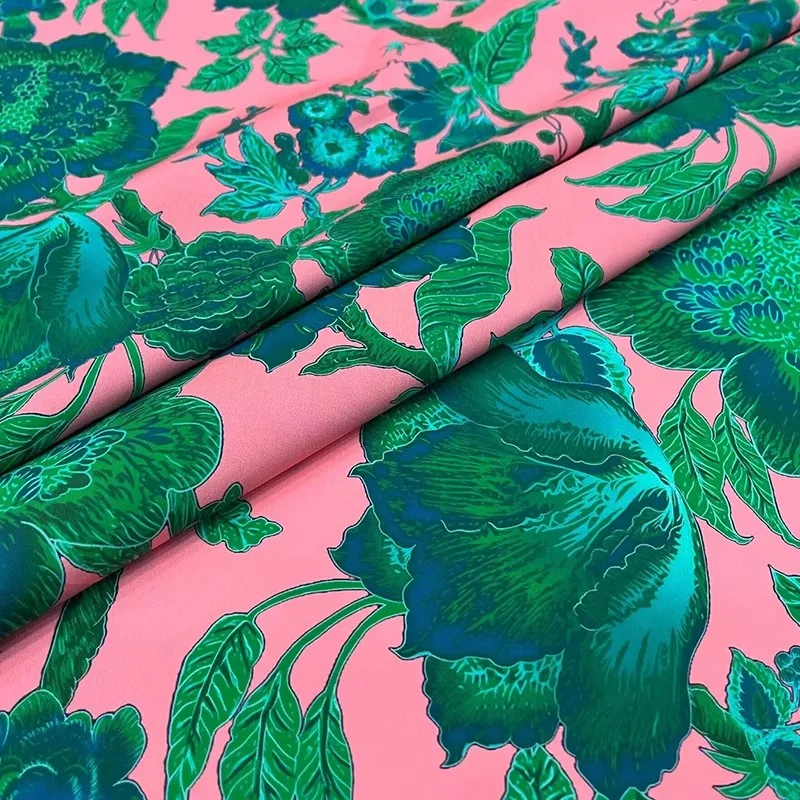 Europe And America Fashion Pink Back Green Flower Printed Cotton Fabric For Women Dress Blouse Handmade DIY Cloth Sewing