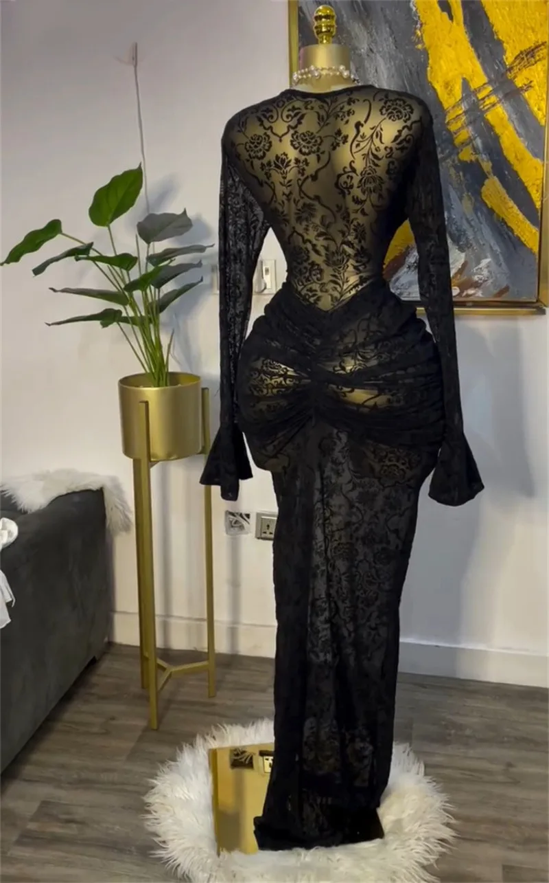 Abito da festa maxi aderente con volant in rete trasparente con stampa floreale + abiti con camicette Abito da sera sexy a maniche lunghe svasato con scollo a O