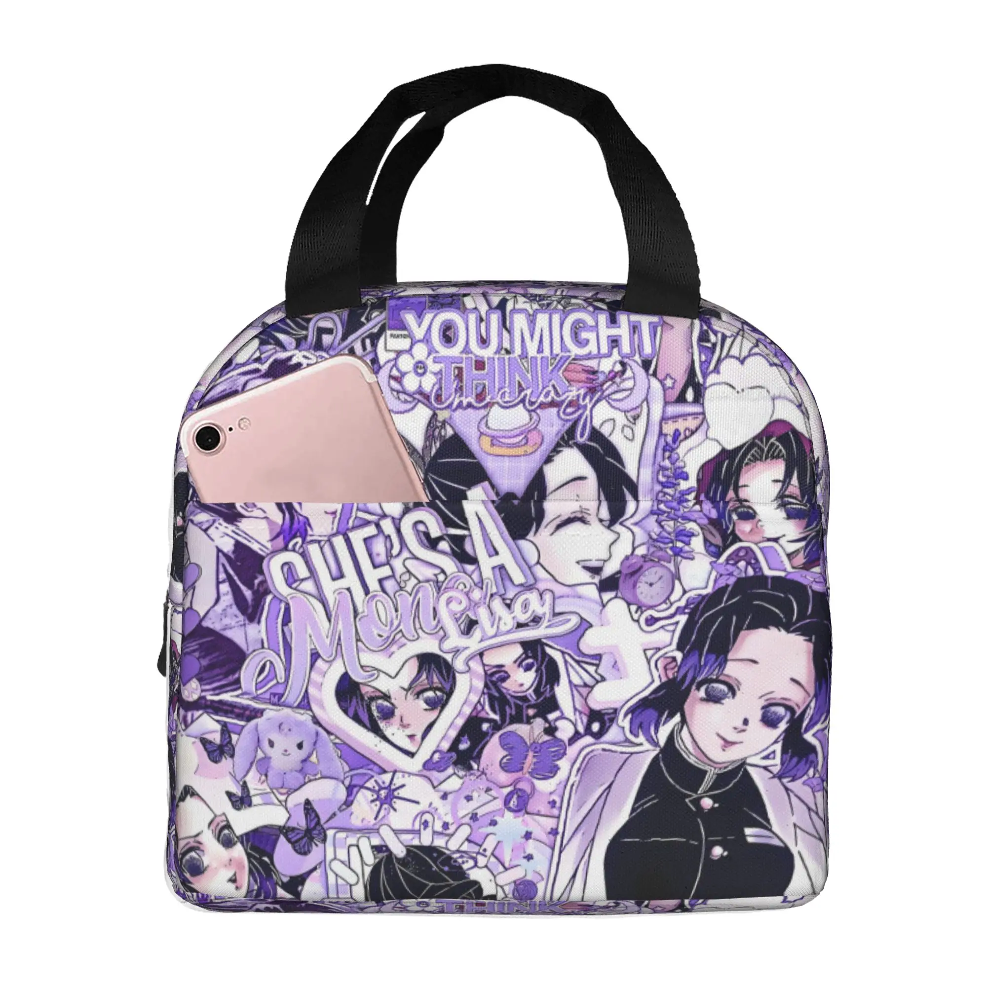 Custom Demon S-Slayer Thermal Insulated Lunch Bags Purple Shinobu Kocho Resuable Lunch Tote for Outdoor Picnic Storage Food Box view 2