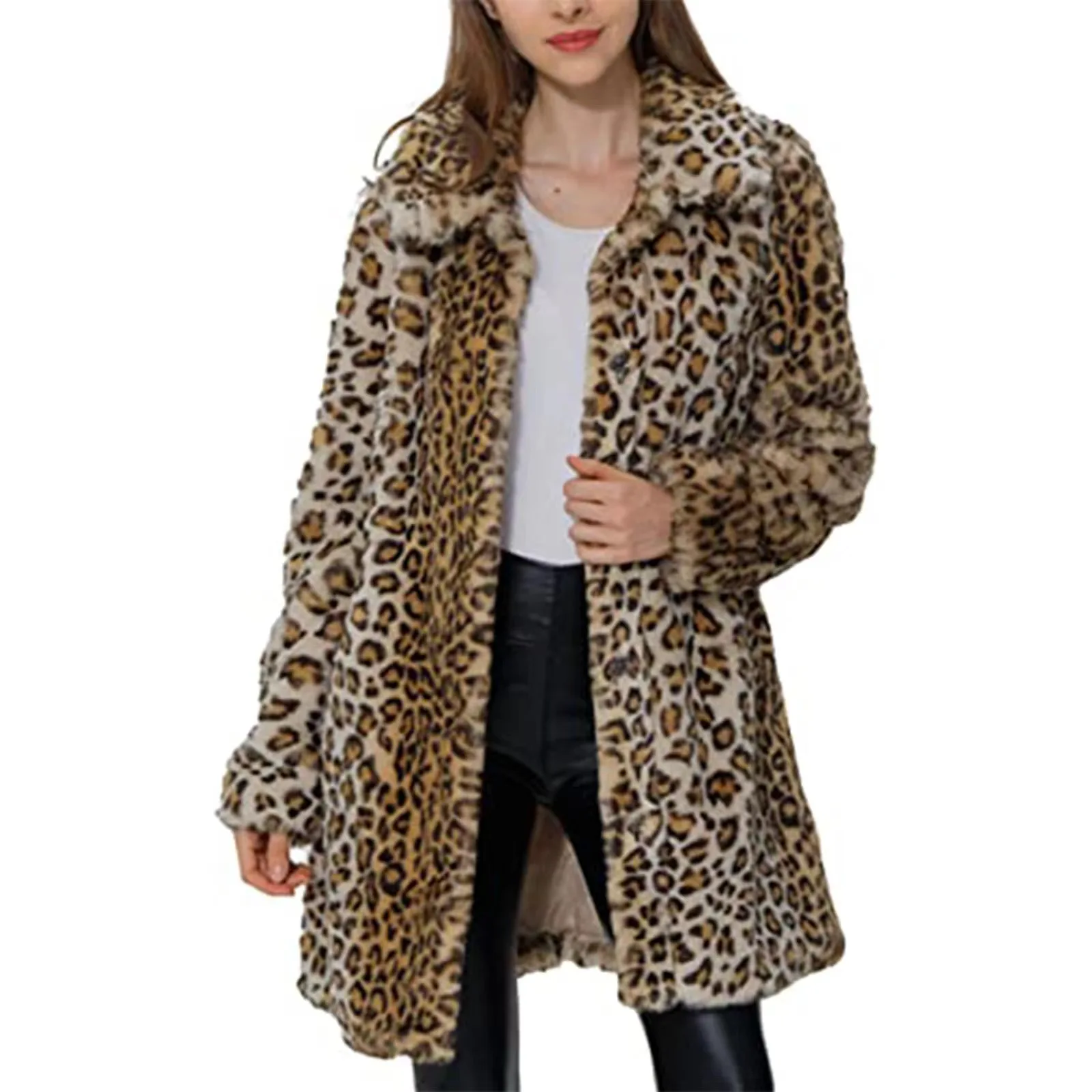 Abrigo de felpa con estampado de leopardo para mujer, abrigo térmico informal de manga larga con cuello enrollable y botones, chaqueta de piel sintética suave para invierno