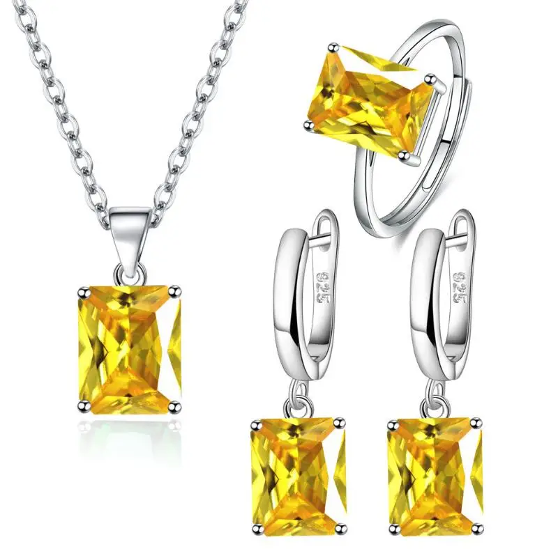 Rectangle Natural Yellow Citrine 925 Sterling Silver Geometric Ring+Necklace+Earring Emerald Cut Gemstone Jewelry Set for Women