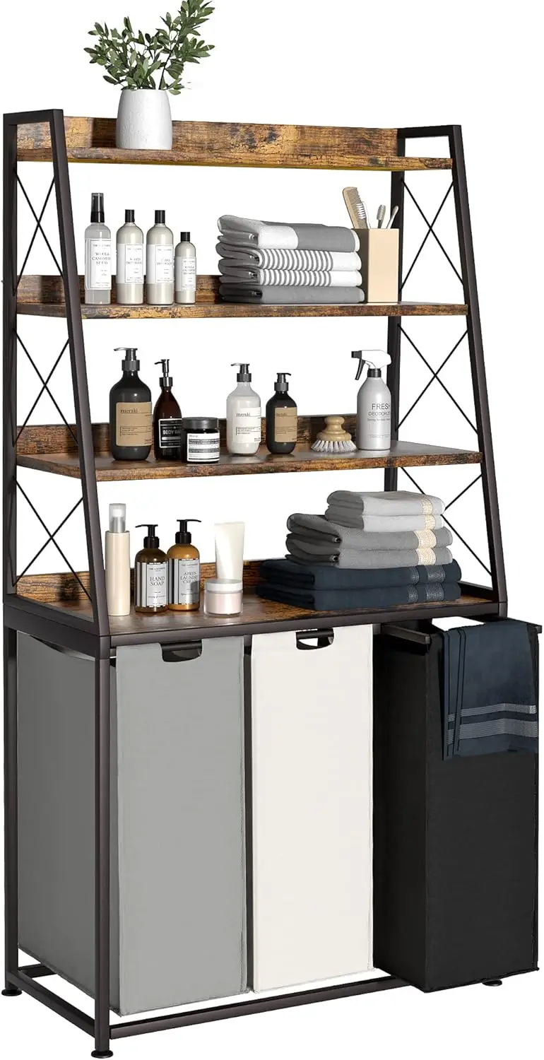 

3 Section Laundry Hamper with 4 Tier Shelf, Pull-Out Bags, 15.87 Gal Each, Rustic Brown