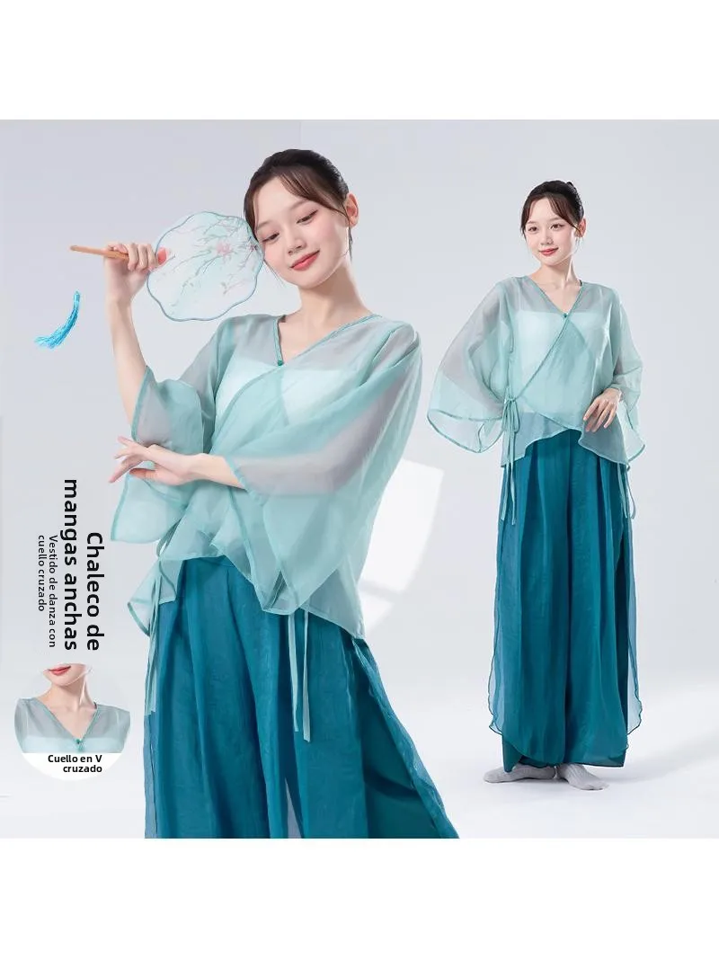 Traje de práctica de danza clásica para mujer, nuevo, con manga ancha, cuello cruzado en V, cárdigan abierto, top fluido, rop...