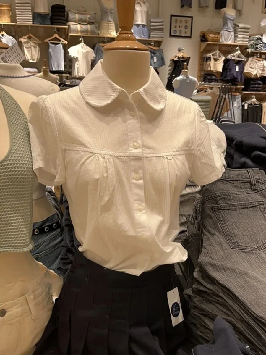 

White Striped Sweet T-Shirt Blouse Woman Summer Peter Pan Collar Single Breasted Short Sleeve Tees Casual Cute Cotton Shirts Top
