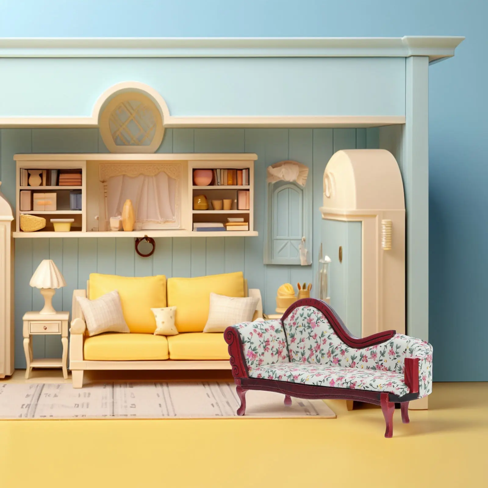 

1:12 Scale Miniature Chaise Lounge Vintage Style Floral Sofa Mini Furniture Accessory Dollhouse Living Room Mini Wood Chaise