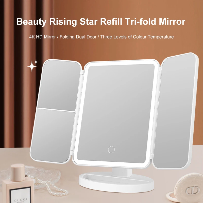 Three Folding Makeup Mirror Led Fill Light Magnified Mirror USB Rechargeable 3 Gears Light Color Rotating Storage Vanity Mirror
