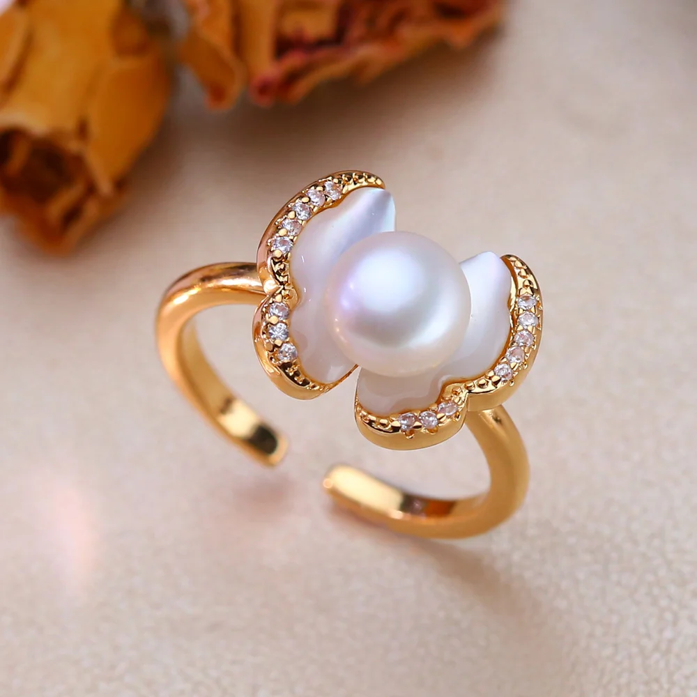 

Ethinc Red Flower Natural Freshwater Pearl Ring Cultured White Cubic Zirconia Pearl Ring For Women