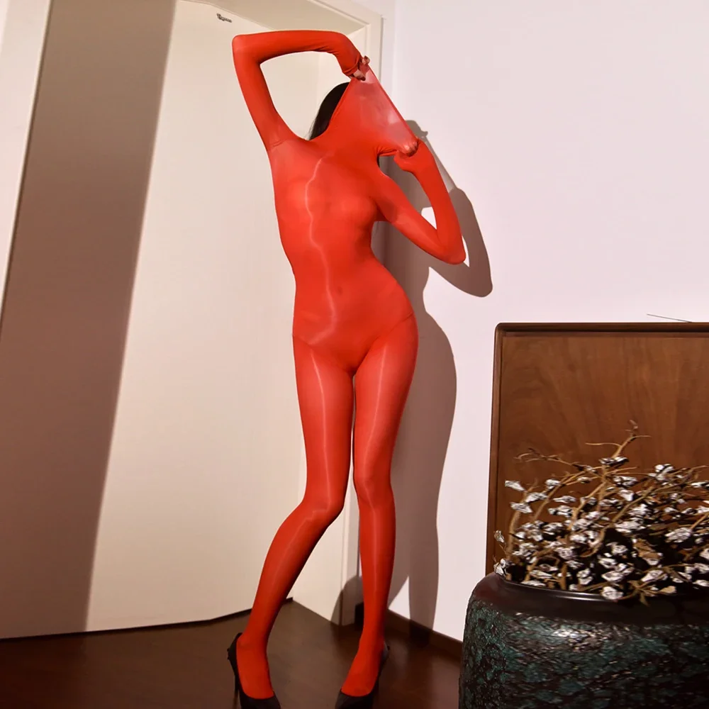 섹시한 여성 하이 칼라 커버 마스크 바디 슈트 오일 광택 반짝 이는 원활한 섹시한 스타킹 탄성 요가 Romper 코스프레 메이드 레오타드