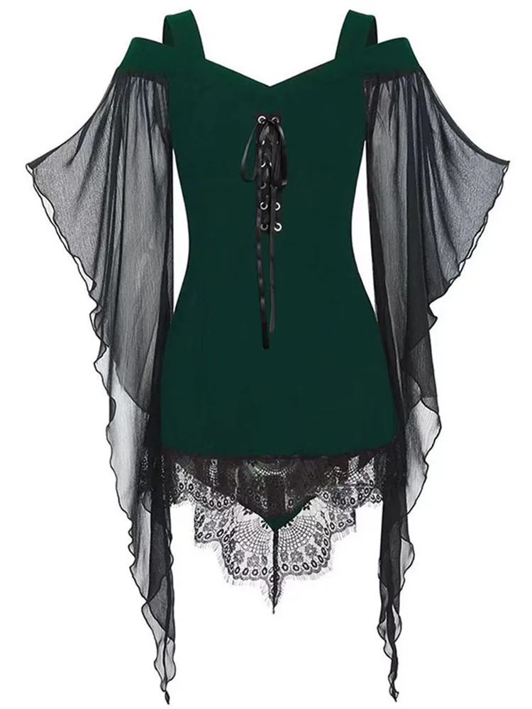 Women's Sexy Cold Shoulder Gothic Dress with Flared Sleeves Vintage Witch Style for Halloween Party And Medieval Costumes