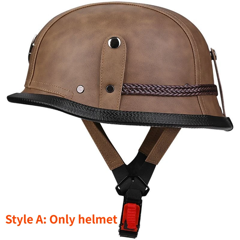 Motorcycle Dock Helmet Suitable for Big Head Circumference, Leather Retro Helmet with Sun Protection Goggles Motorbike Helmet