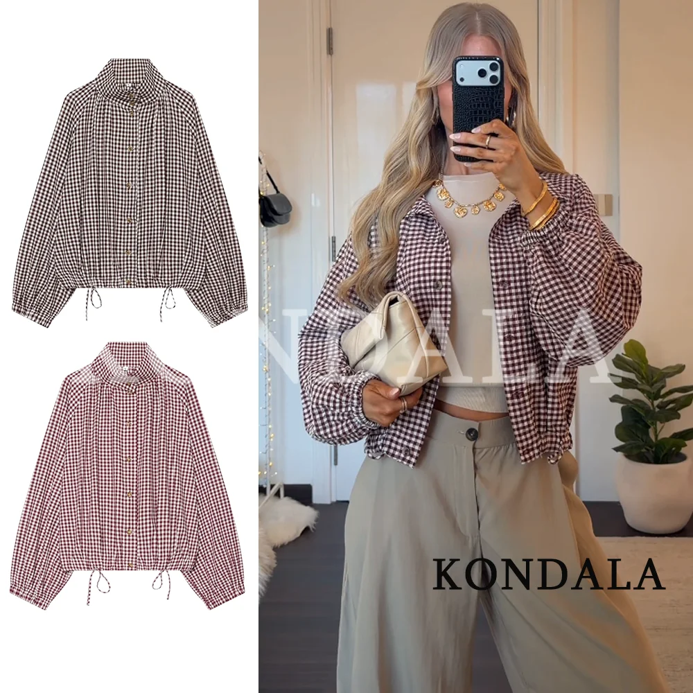 KONDALA Women Sporty Versatile Plaid Short Jacket Buttons Shirt Jacket 2026 Early Fall Trendy High Street Commute Lady Jacket