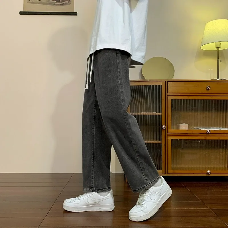 

Spring Autumn Men's Trendy Straight Leg Jeans e ey Dstring Waist Casual Pants American High Street Sle Cotton Stre...