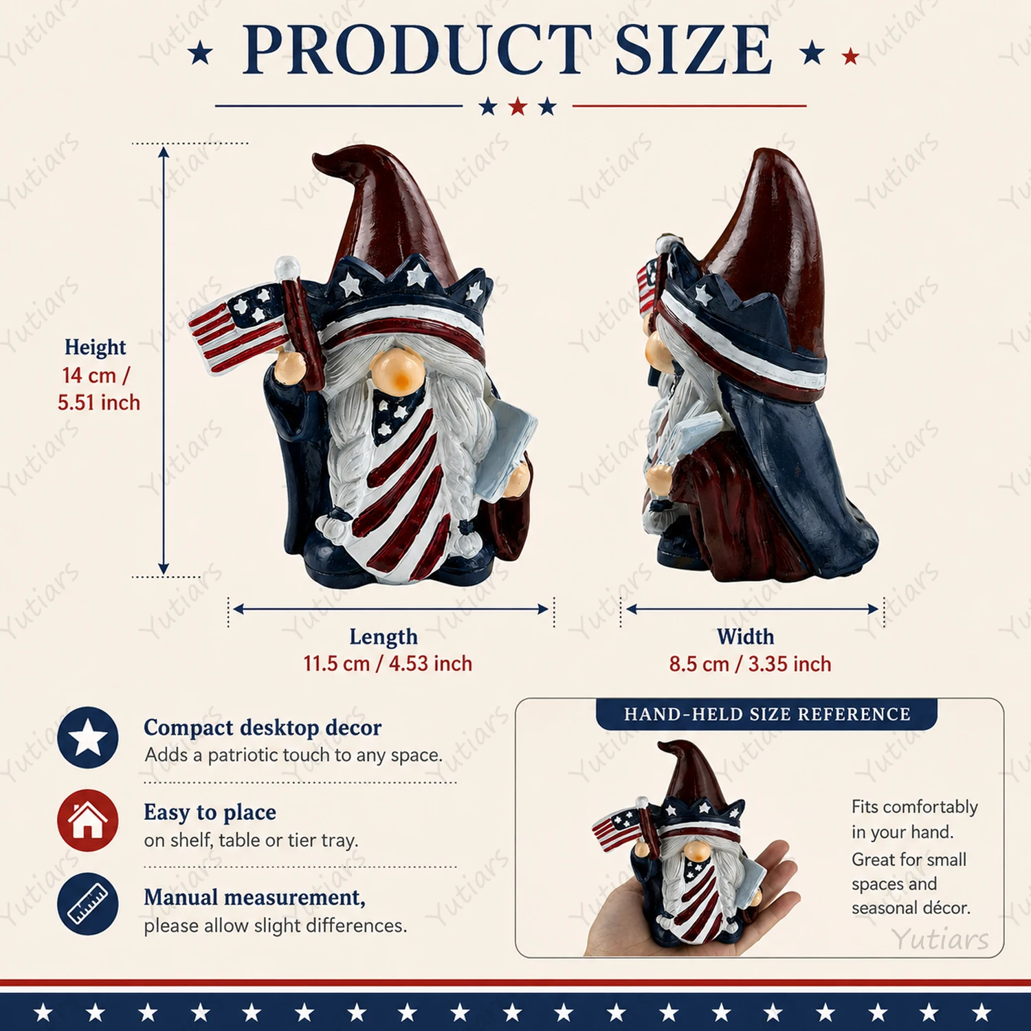 American Style Gnome Statue with Flag Design, Cute Resin Figurine Tabletop Ornament for Home Shelf Room Decoration Gift