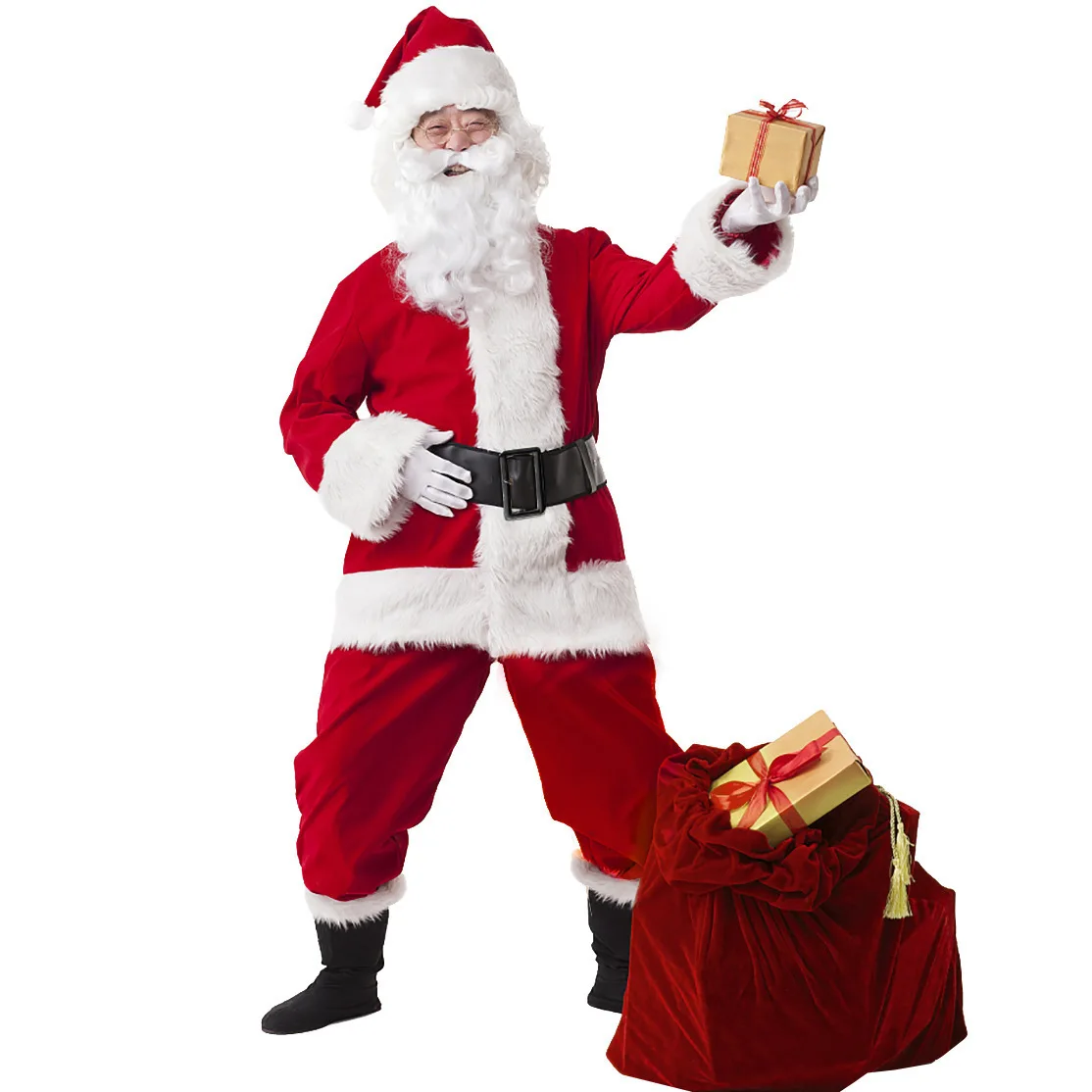 Costume da babbo natale in velluto dorato per adulti che giocano a ruolo Costume da spettacolo di scena Set di capodanno