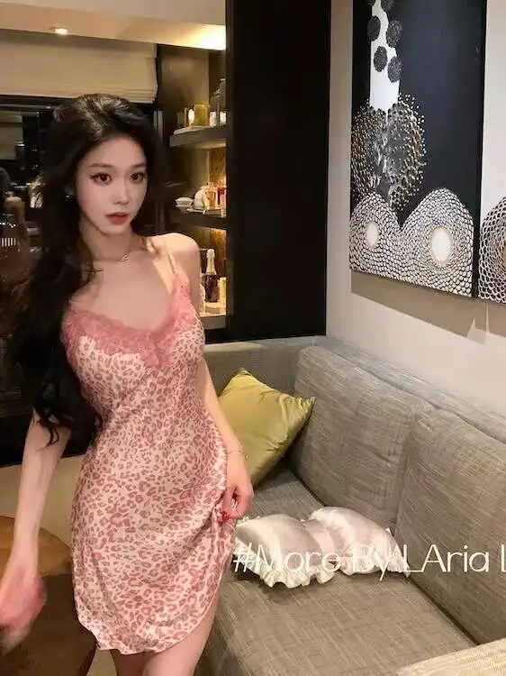Elegante renda guarnição rosa leopardo impressão vestido fino para mulher sem costas profundo v suspensórios sem mangas vestido encantador puro desejo 3v6k