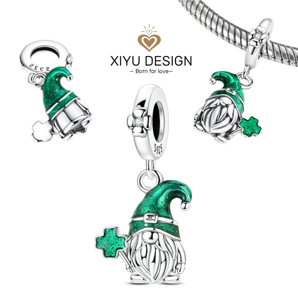 

St. Patrick's Day Highland 925 Silver Green Gnome Charm Beads Pendant DIY Bracelet Necklace Keychain Women Christmas Party Gift
